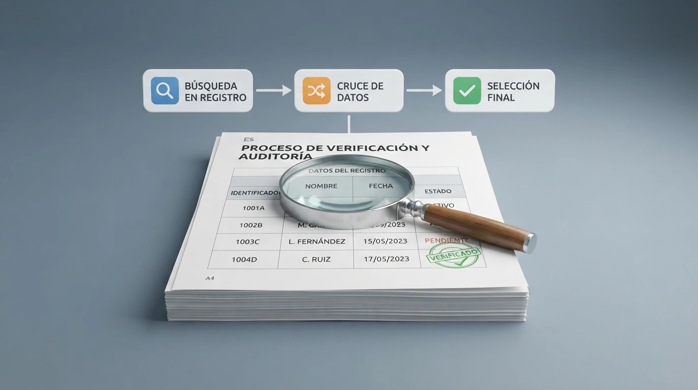 Representación visual del proceso de verificación: registro oficial, cruce de datos y criterios de selección