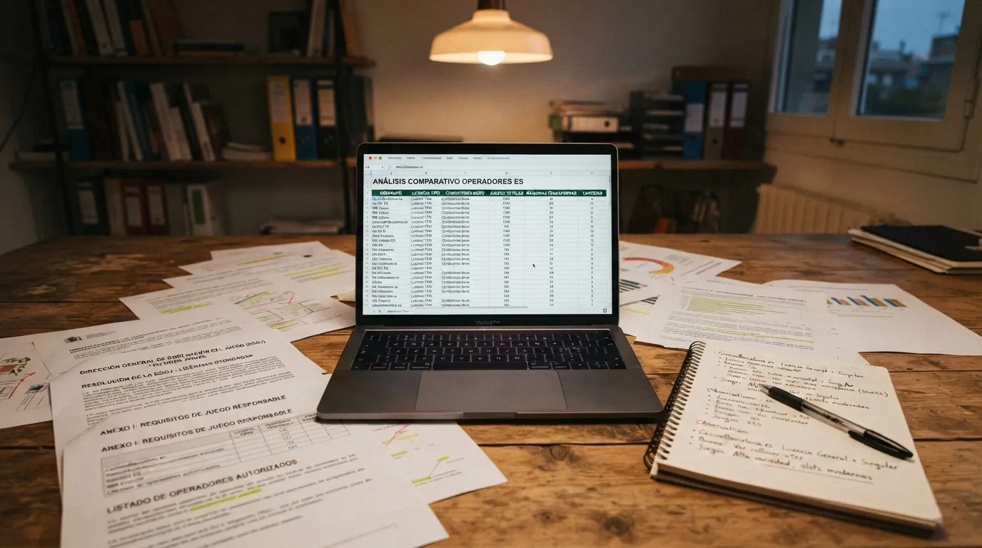 Documentos, pantallas de licencias offshore y fuentes de análisis sobre una mesa de trabajo