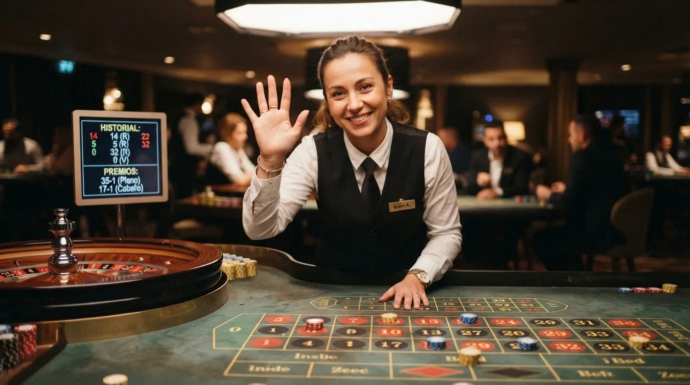 Crupier sonriente saludando a cámara desde una mesa de ruleta en vivo con el texto de la interfaz en español
