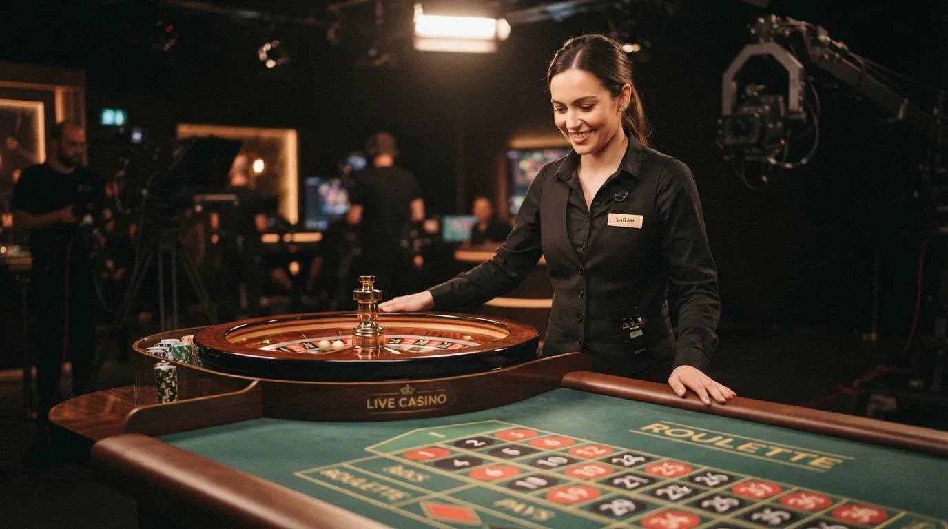 Un crupier en vivo de Evolution Gaming frente a una mesa de ruleta con entorno de casino real, retransmitido en HD