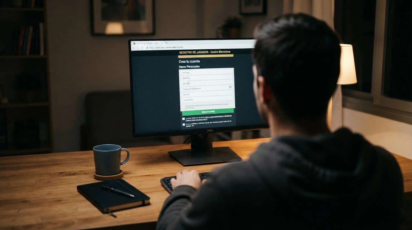 Un jugador ante la pantalla de un ordenador, con el cursor sobre el botón de registro de un casino con dominio .es visible