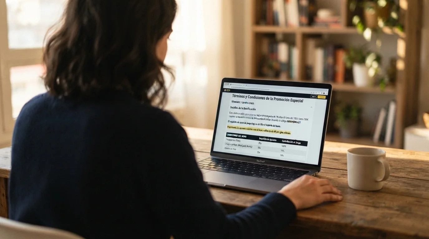 Jugador consultando las condiciones de bono en la página de promociones de un casino online desde un portátil, con el documento de términos visible en pantalla