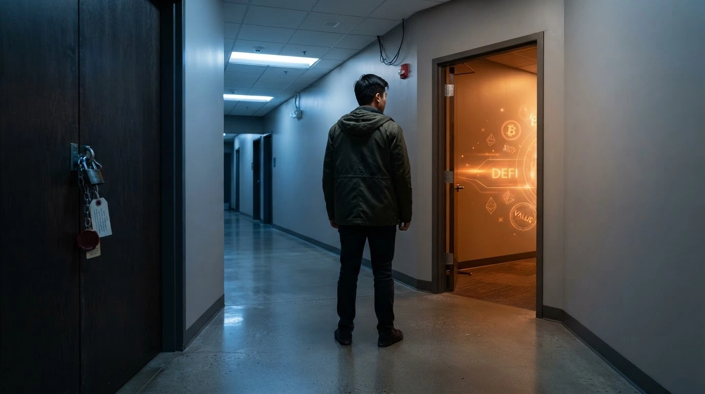 Un jugador frente a dos caminos: una puerta con el logo de la DGOJ cerrada con candado y otra abierta con el logo de Bitcoin y un signo de precaución