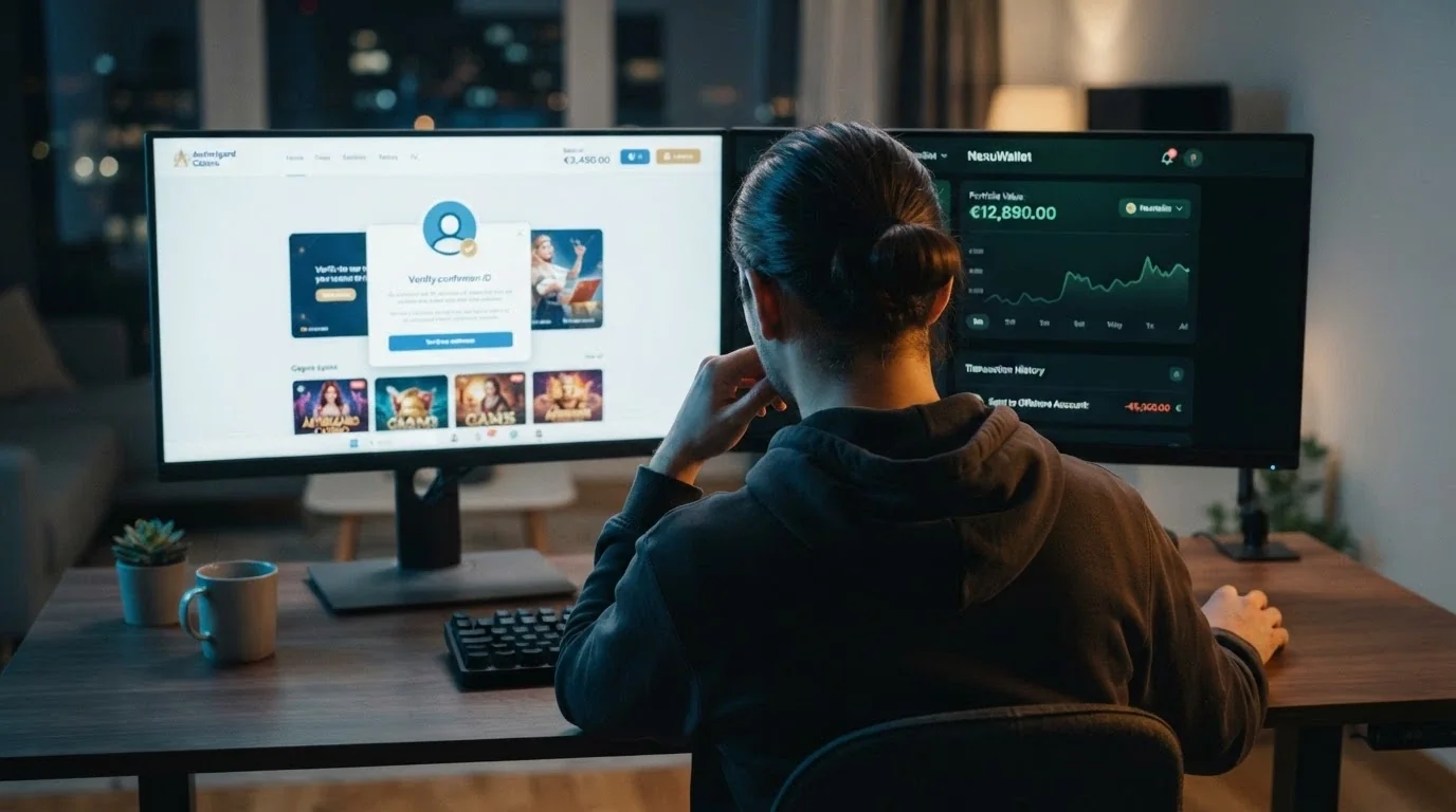 Un jugador frente a dos caminos visuales: el portal regulado .es y el acceso offshore con wallet crypto