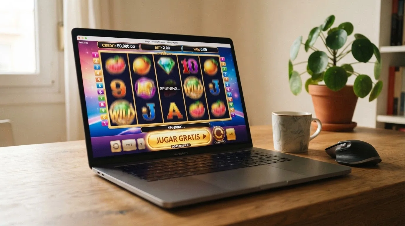 La interfaz del modo demo de una slot de Hacksaw Gaming con fichas virtuales en pantalla y el botón de «jugar gratis» destacado