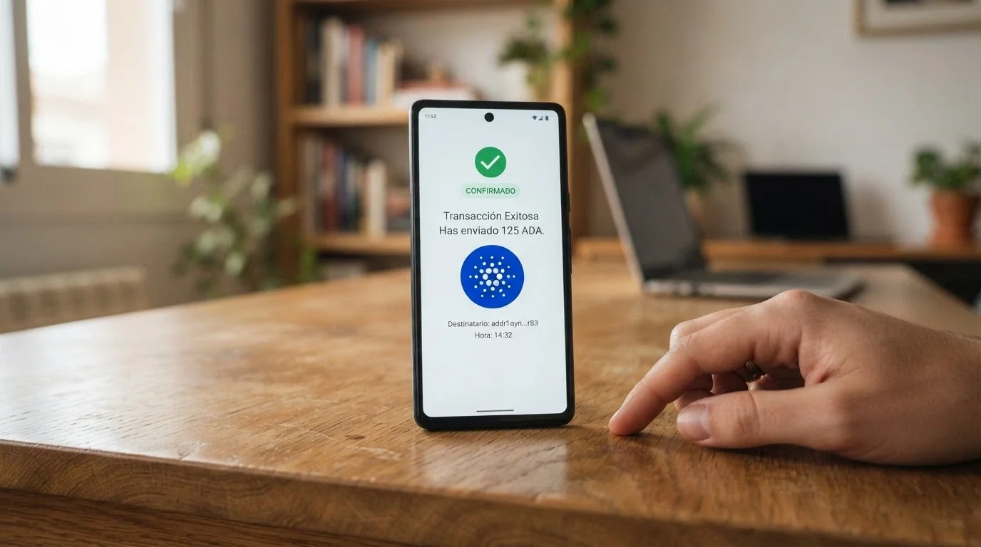 Pantalla de una wallet de criptomonedas mostrando un envío de ADA a la dirección de depósito de un casino online