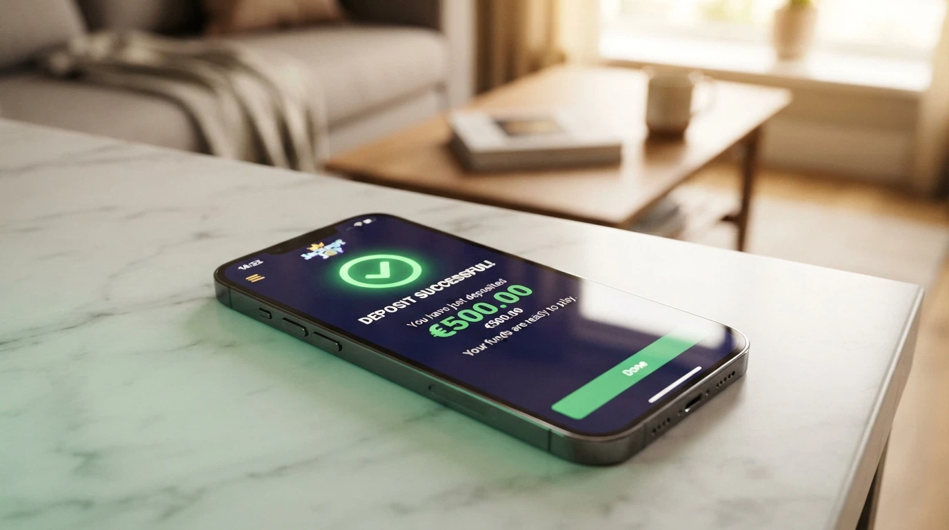 Un móvil con la pantalla de confirmación de depósito instantáneo en un casino con licencia DGOJ tras autenticar con Face ID