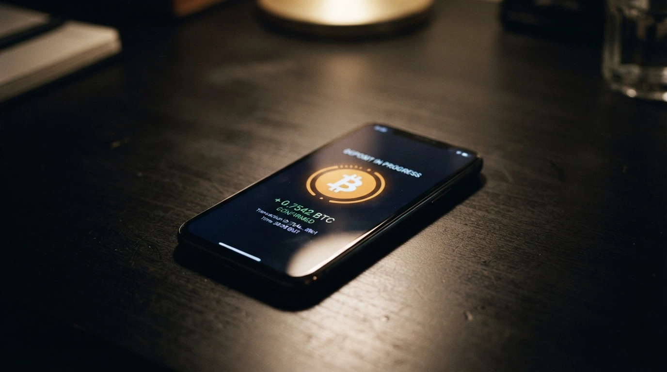 Cartera de criptomonedas en un teléfono mostrando una transacción de Bitcoin hacia una dirección de casino online