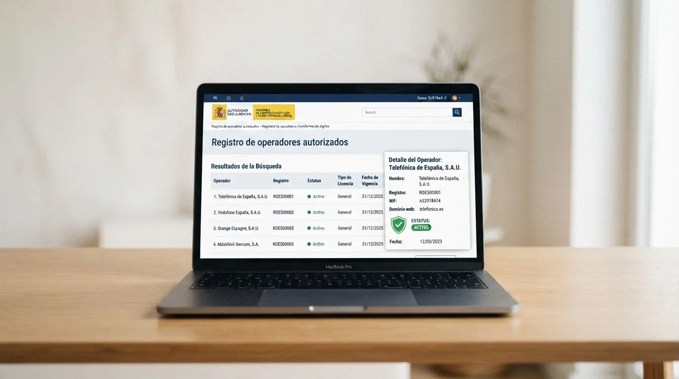 Pantalla del sitio web de la DGOJ con el listado de operadores autorizados y un recuadro ampliado que muestra el dominio .es y el número de licencia de un operador