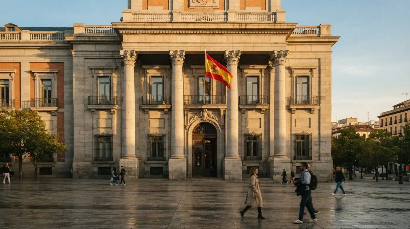 El edificio de la Dirección General de Ordenación del Juego en Madrid, con el escudo oficial y la bandera de España