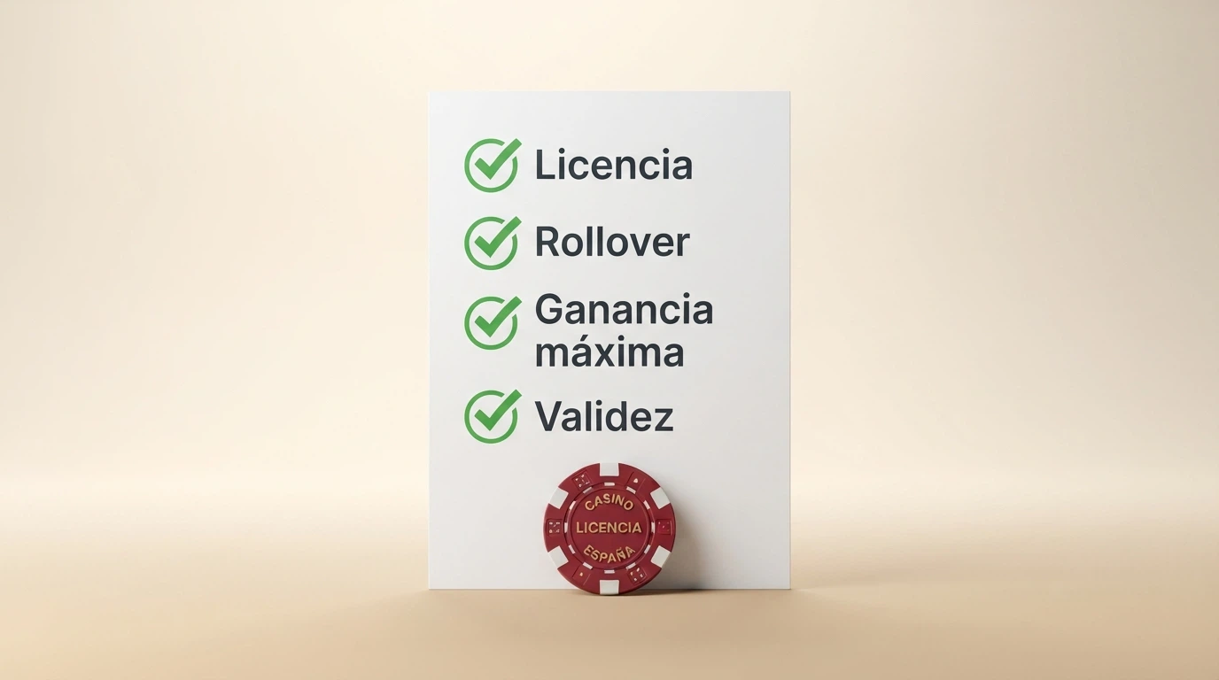 Lista de comprobación visual con los pasos para evaluar un bono sin depósito: licencia, rollover, ganancia máxima, validez