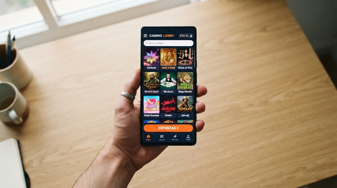 Mano sosteniendo un teléfono móvil con la web de un casino TRX abierta en el navegador
