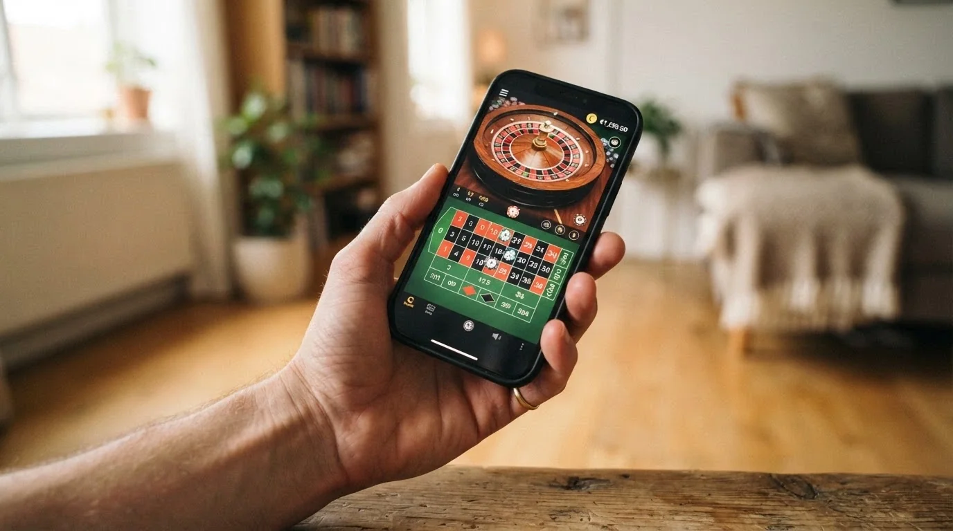 Una mano sujetando un teléfono móvil con una mesa de ruleta en vivo de Evolution en la pantalla
