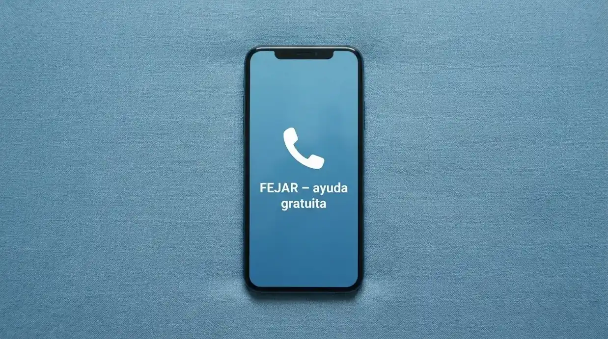 Un teléfono móvil con el icono de llamada y el texto «FEJAR – ayuda gratuita» en la pantalla, sobre un fondo de color azul sereno