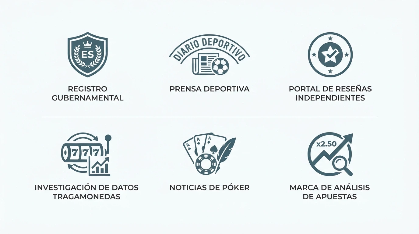 Collage con los logotipos de las fuentes utilizadas: DGOJ, Casino.org, Mundo Deportivo, Legalbet, Slotfruit y PokerNews sobre fondo blanco