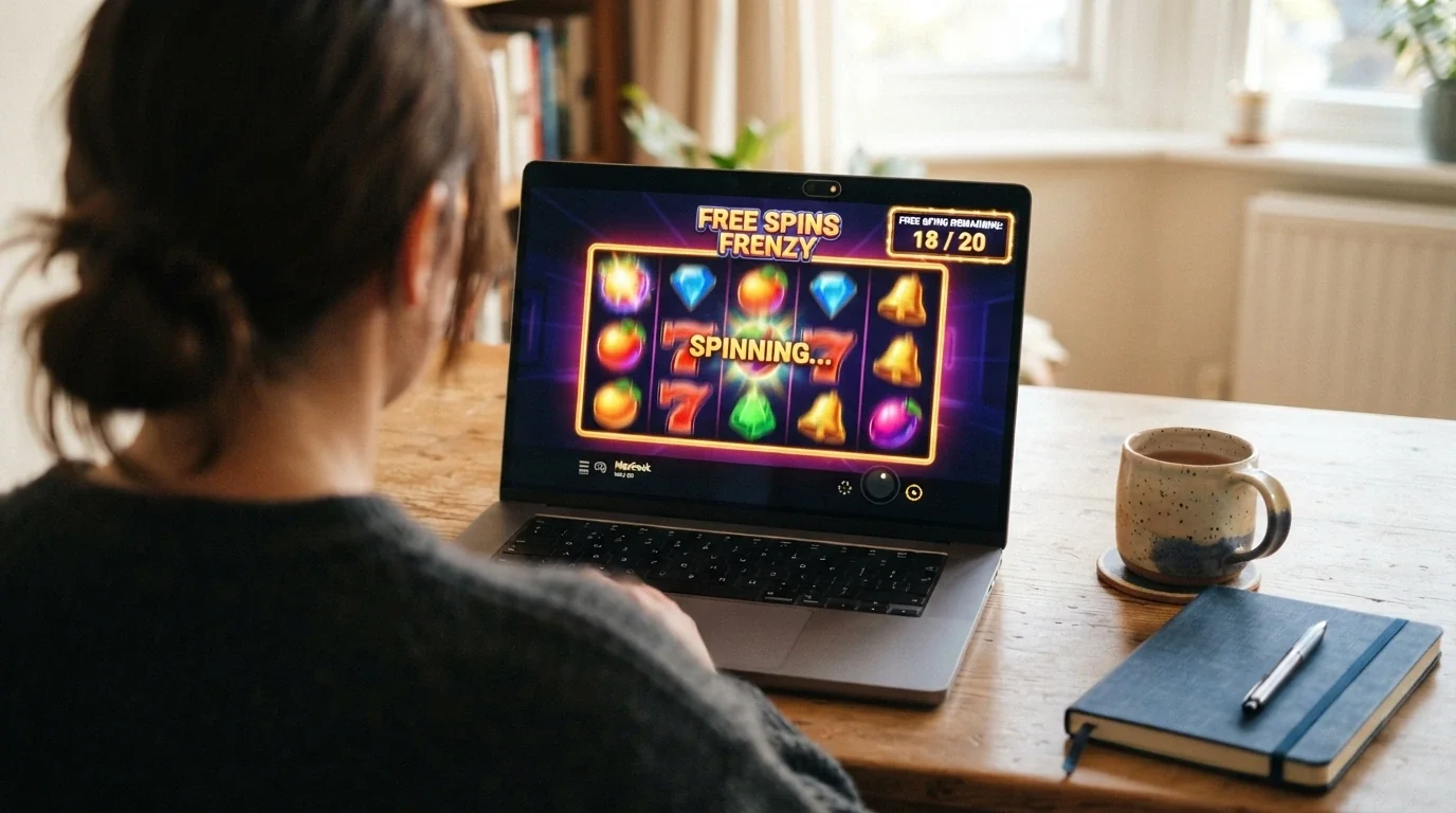 Interfaz de un casino online español con el contador de tiradas gratis activo y una tragaperras en marcha