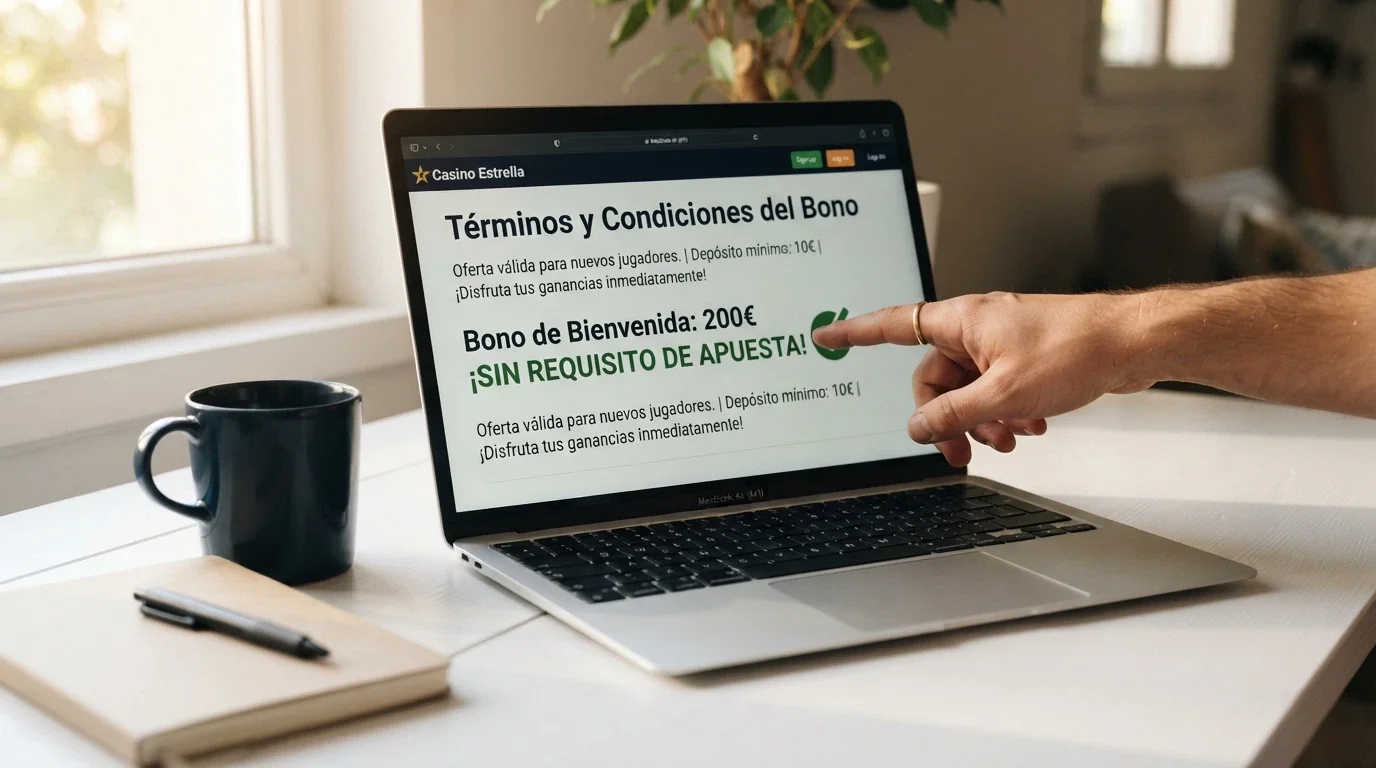 Captura de una sección de términos de bono donde se lee «sin requisito de apuesta» junto al importe de ganancias