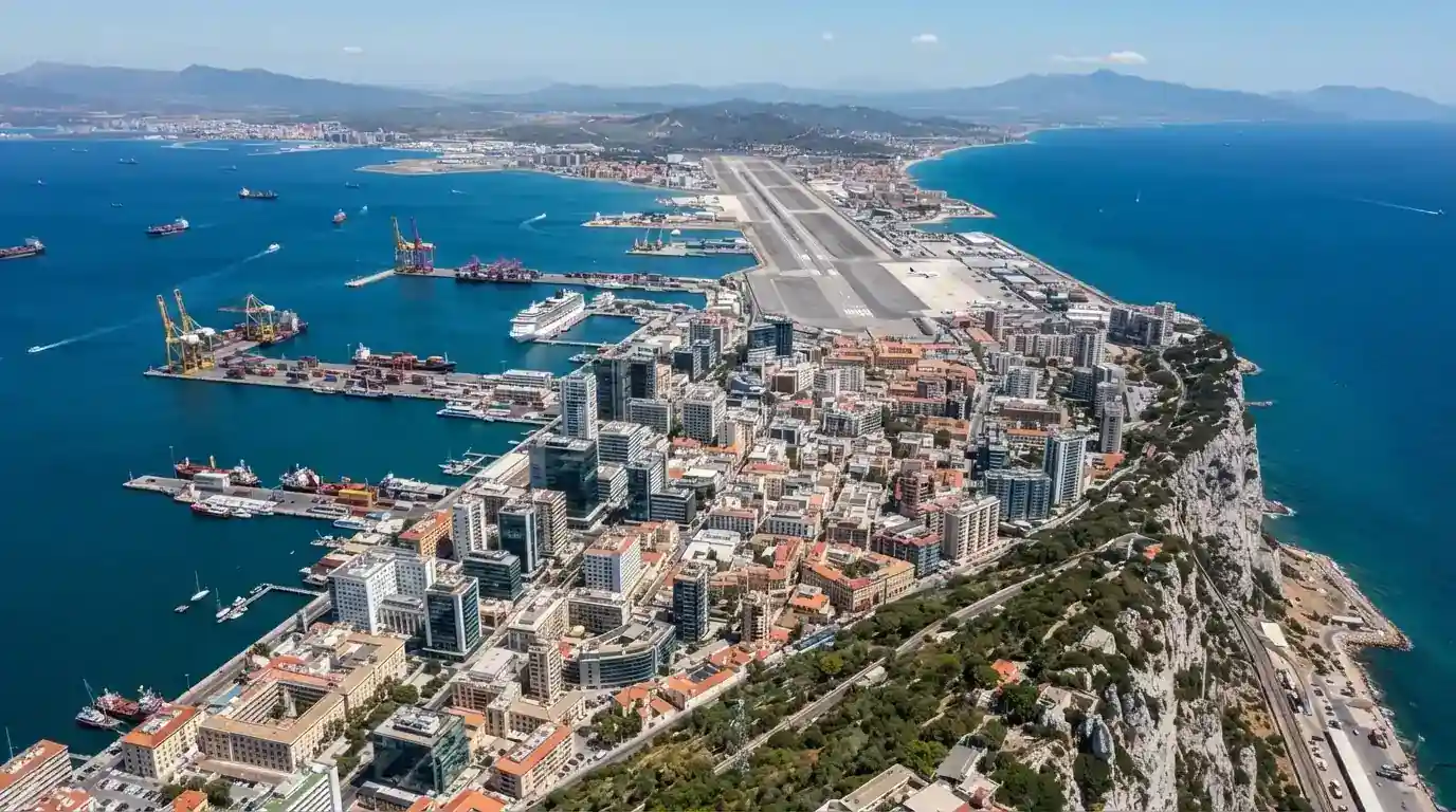 Vista aérea del puerto de Gibraltar con los edificios de oficinas donde operan las sedes de juego online