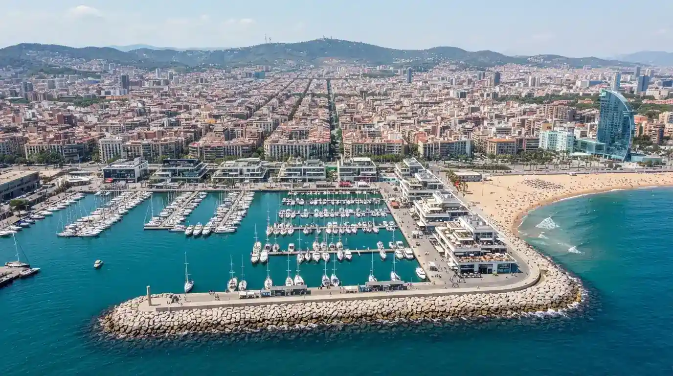 Vista aérea del Port Olímpic de Barcelona con la ubicación del casino