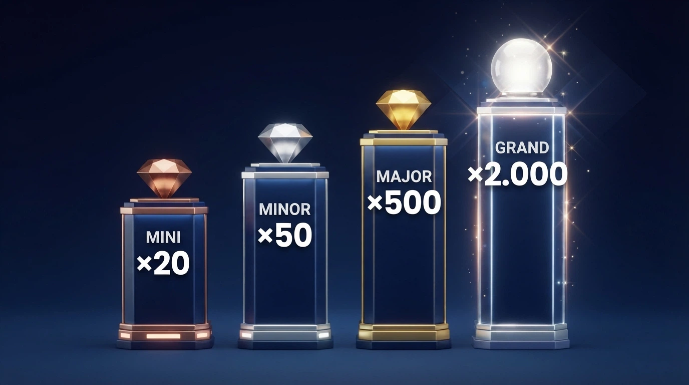 Representación visual de los cuatro niveles de jackpot Fire Blaze —Mini, Minor, Major y Grand— con sus colores distintivos sobre los carretes