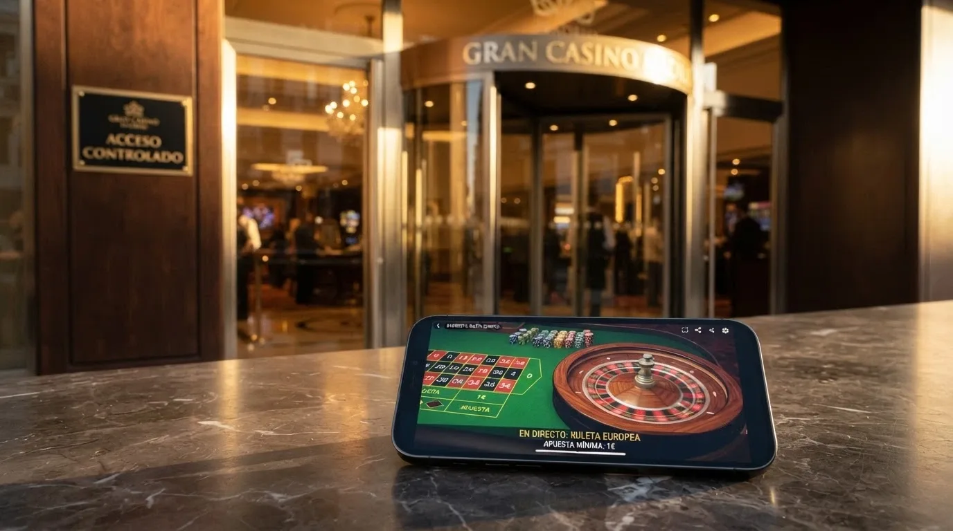 Fachada de un casino físico español con cartel de acceso controlado junto a la interfaz de un casino online