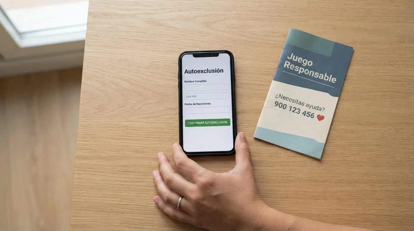 Una mano apoyando un teléfono sobre una mesa, con la web del RGIAJ abierta en la pantalla y un folleto de FEJAR junto al dispositivo