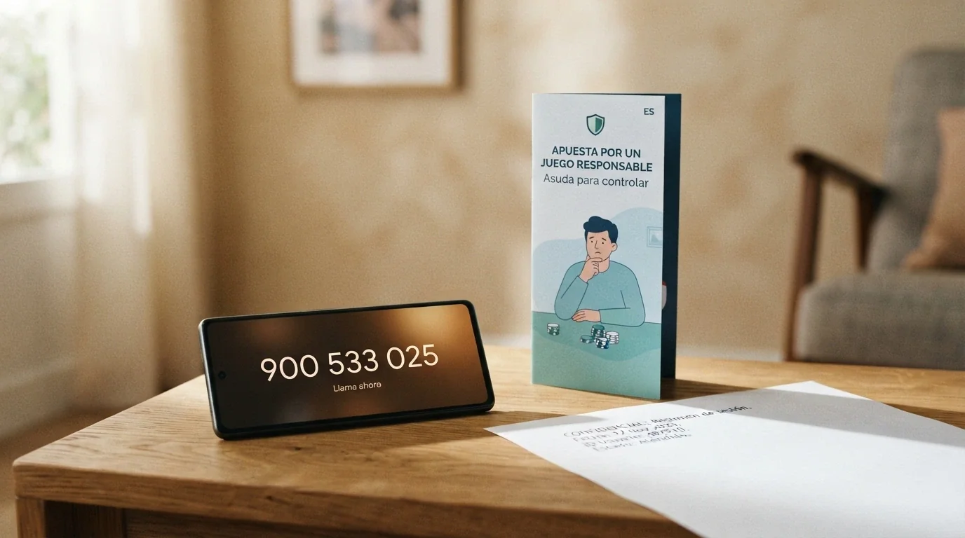 Teléfono fijo con el número 900 533 025 en la pantalla junto al logotipo de Fejar y un folleto de autoexclusión del RGIAJ