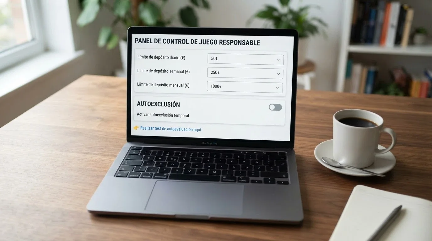 Panel de control de juego responsable de un casino online español con los selectores de límite de depósito, autoexclusión y test de autoevaluación visibles