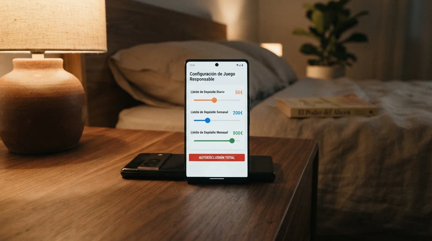 Pantalla de configuración de límites de depósito en un operador DGOJ con los controles de autoexclusión visibles, contrastada con una pantalla de casino offshore sin esas opciones