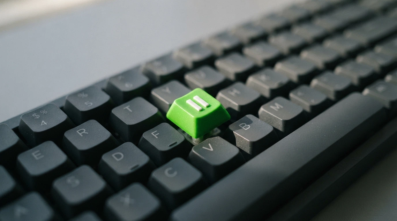 Un teclado con una tecla de pausa destacada en verde entre teclas de juego, simbolizando el control que el jugador puede activar