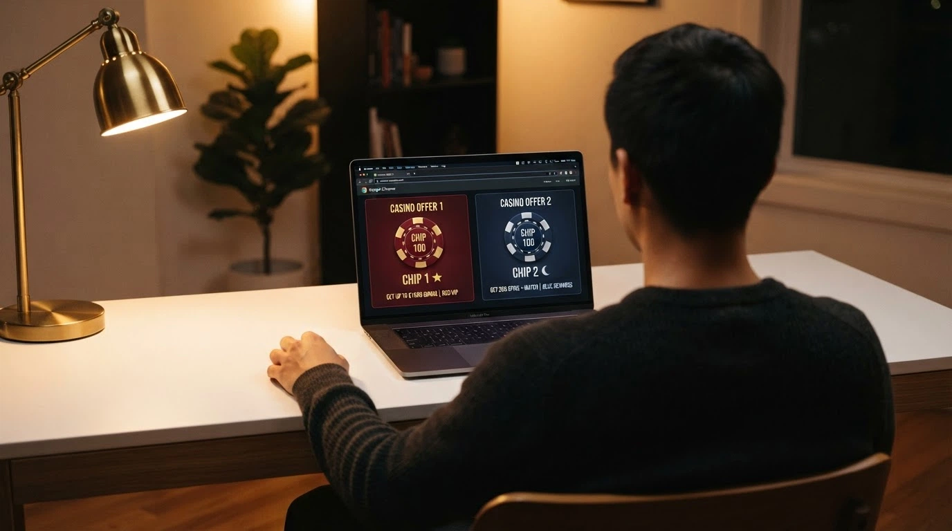 Un jugador frente a la pantalla del ordenador comparando las fichas de dos casinos distintos en dos pestañas del navegador