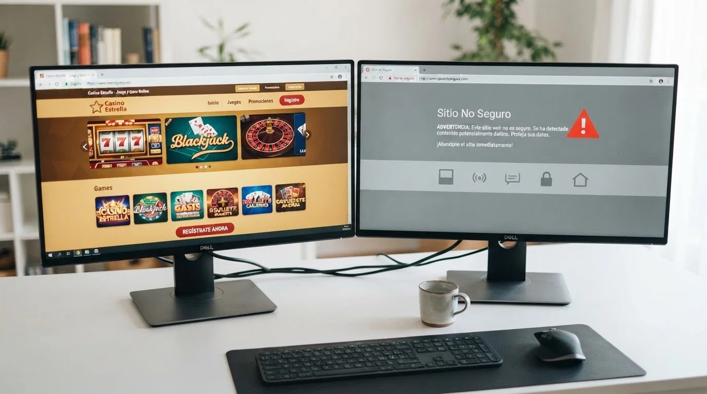 Dos columnas visuales contrastando un casino con dominio .es y licencia DGOJ frente a uno con dominio .com sin licencia española
