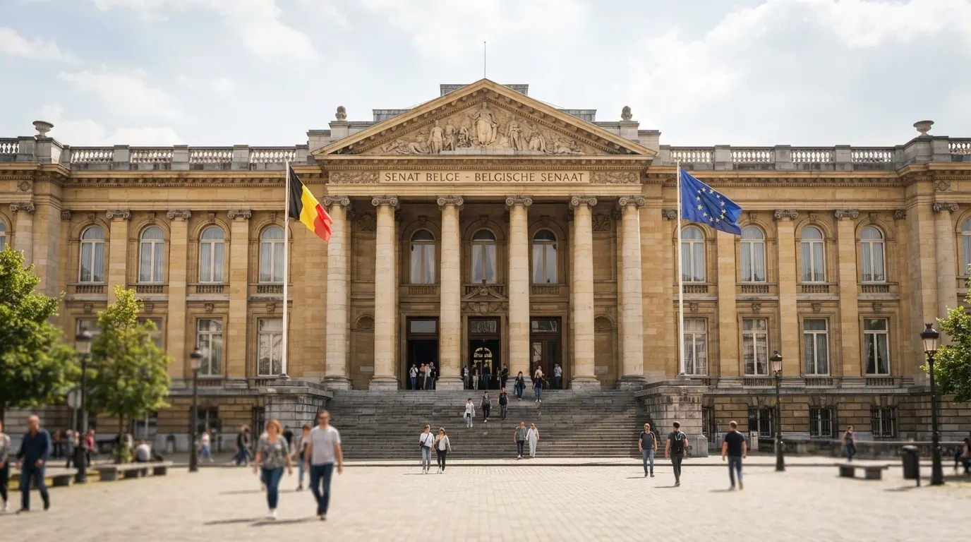 El edificio de la Dirección General de Ordenación del Juego en Madrid con la bandera de España y de la Unión Europea