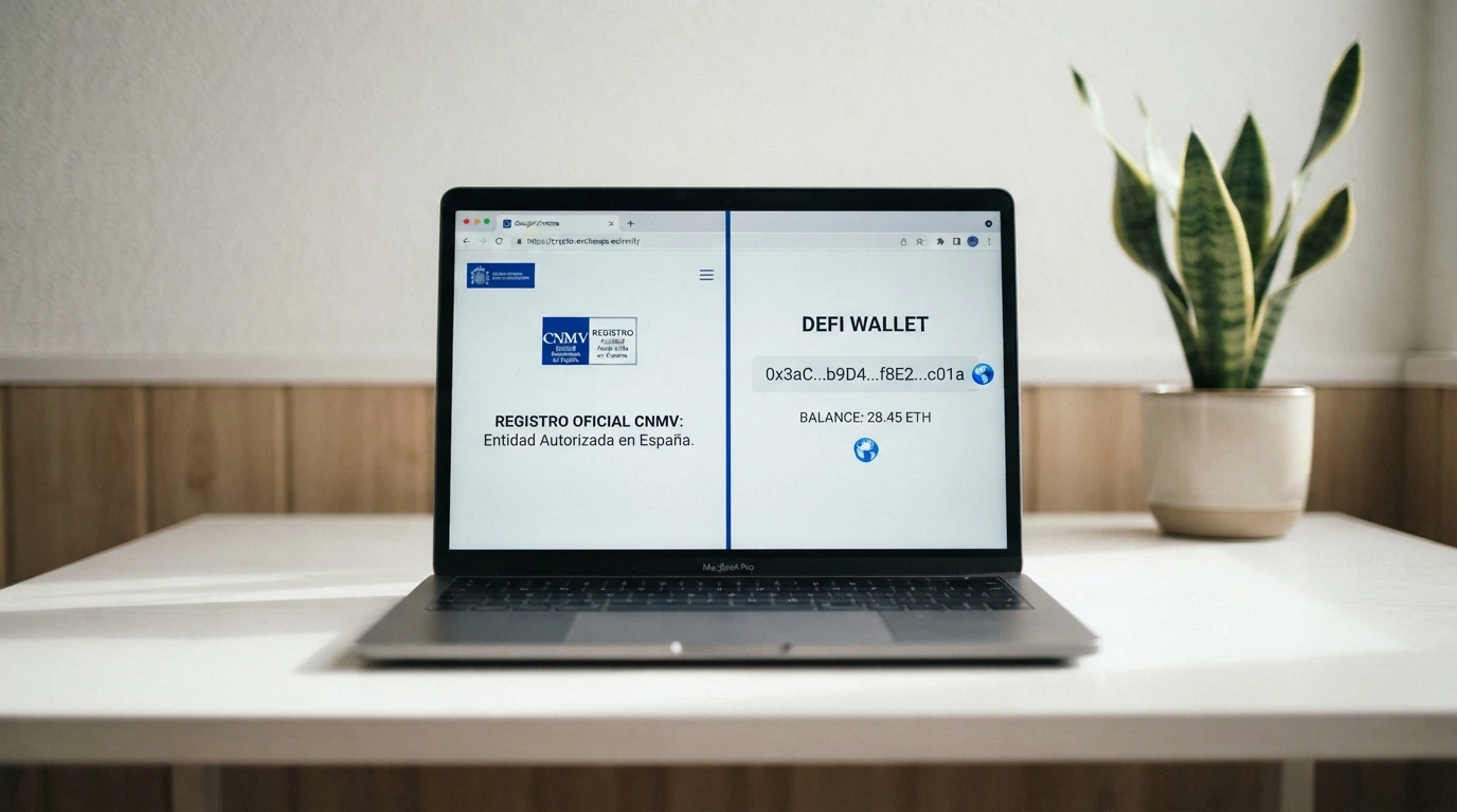 Pantalla dividida: a la izquierda el dominio .es y el sello de la DGOJ, a la derecha una dirección de monedero cripto y el logotipo de una licencia de Curazao