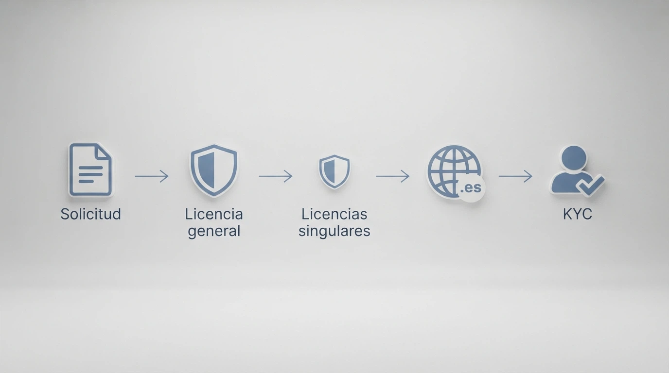 Diagrama del proceso de obtención de licencia DGOJ: solicitud, licencia general, licencias singulares, dominio .es, verificación KYC del jugador
