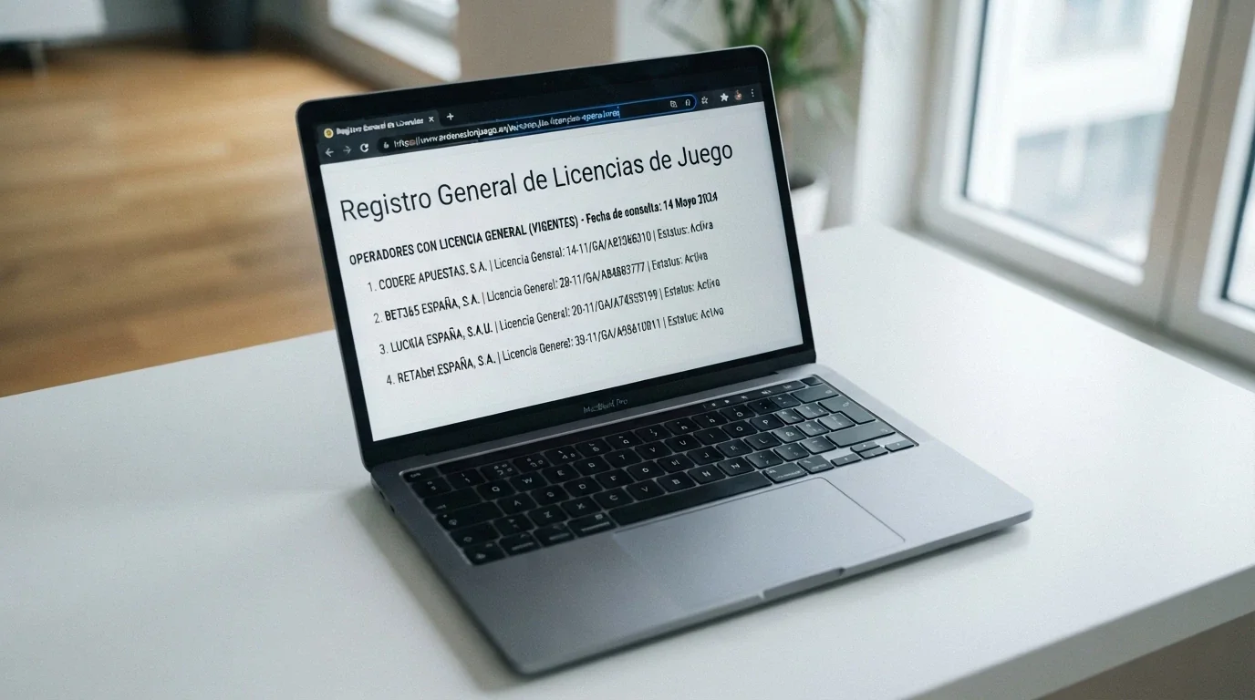 La pantalla de un ordenador muestra el buscador de operadores de ordenacionjuego.es con el dominio .es resaltado en la barra de direcciones