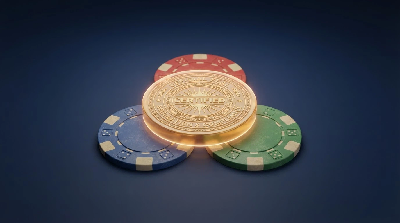 Sello oficial de la DGOJ sobre un escudo transparente que protege las fichas de casino que hay detrás