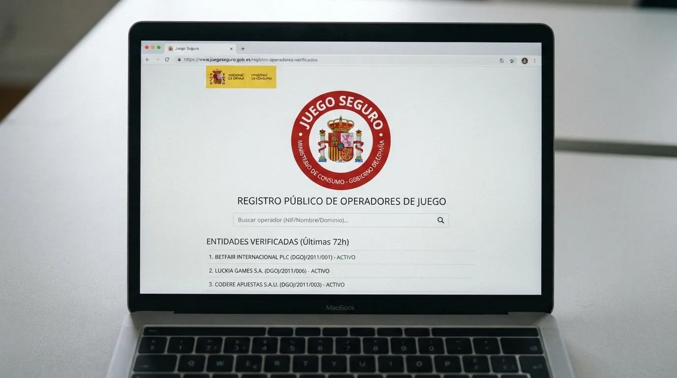 El sello de juego seguro de la DGOJ junto a la página de consulta del registro oficial de operadores autorizados en ordenacionjuego.es