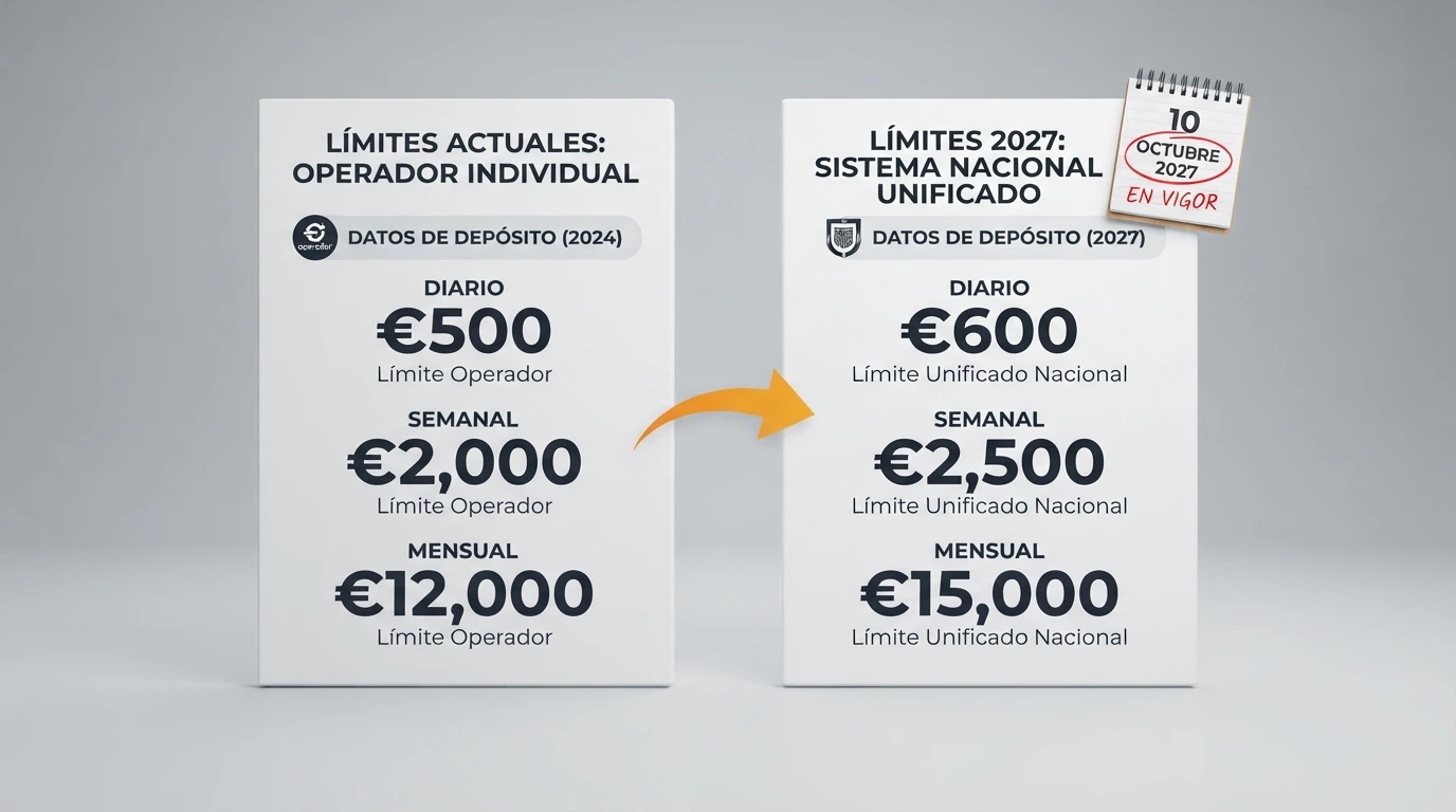 Dos columnas comparativas: a la izquierda los límites por operador de 2026, a la derecha los límites conjuntos de 2027, con una flecha que une ambas