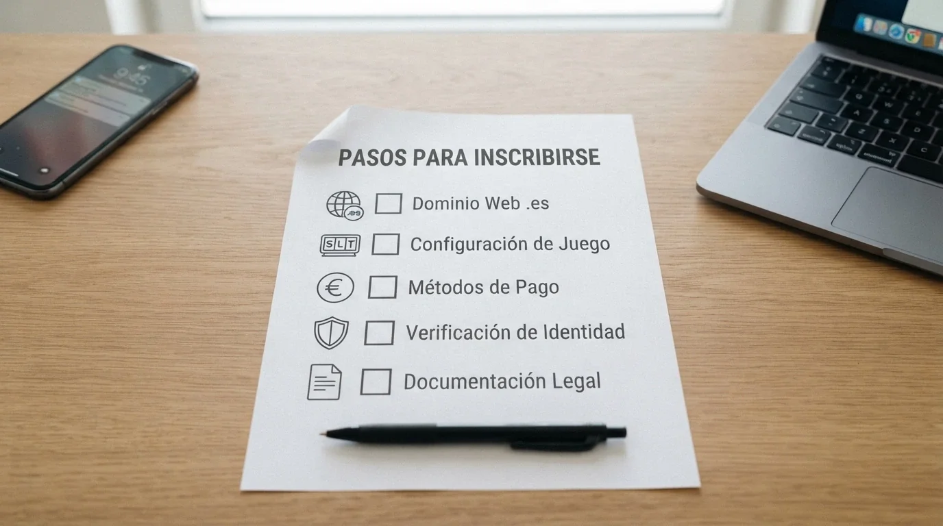 Una lista de verificación con cinco casillas, cada una con un icono: dominio .es, lobby de slots, límites de depósito, controles de juego responsable y términos del bono