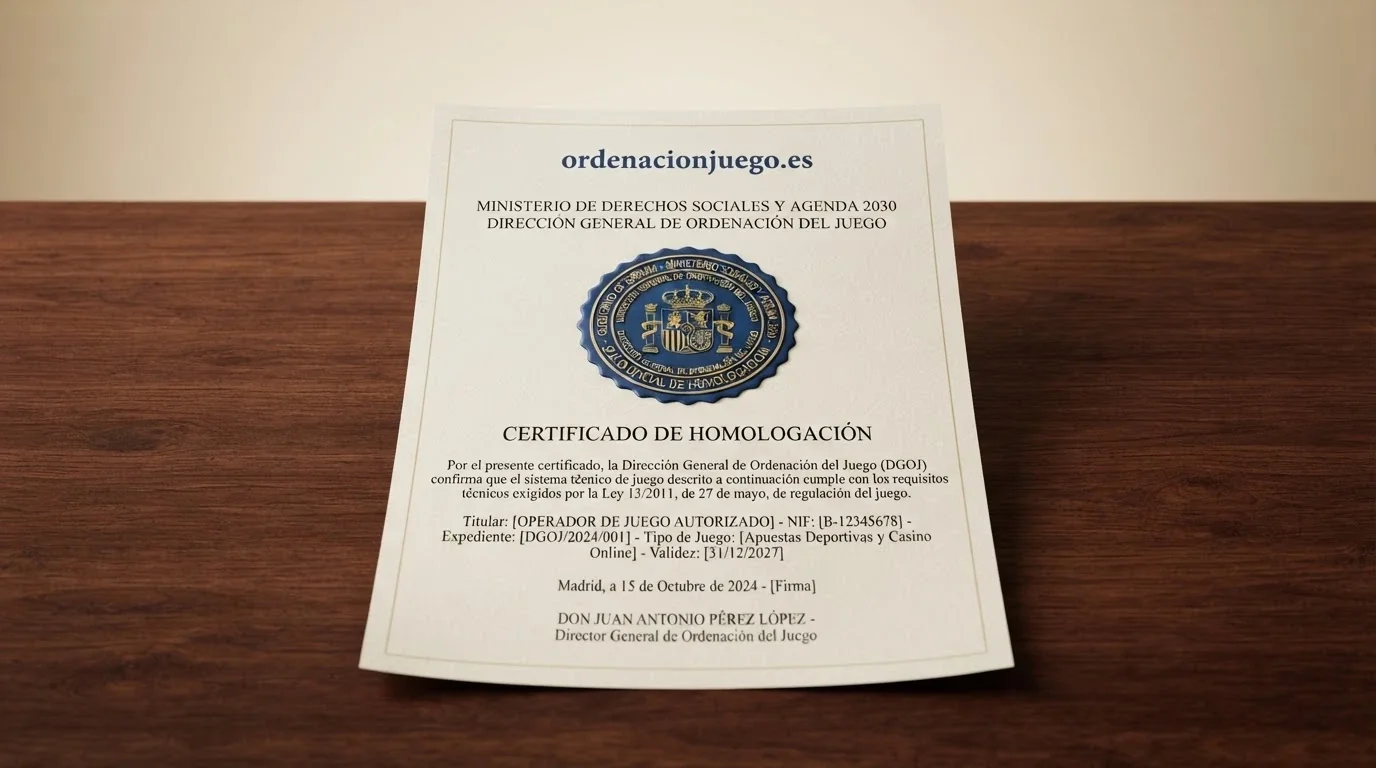 Sello oficial de la Direción General de Ordenación del Juego junto a la URL ordenacionjuego.es en un certificado de licencia