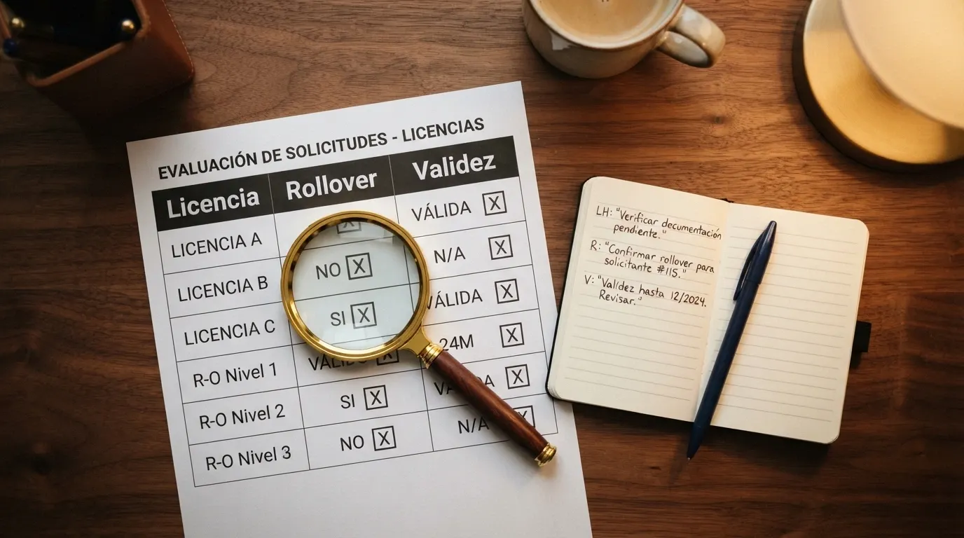 Documento de criterios de evaluación sobre una mesa con una lupa, un extracto del registro DGOJ y una libreta de anotaciones