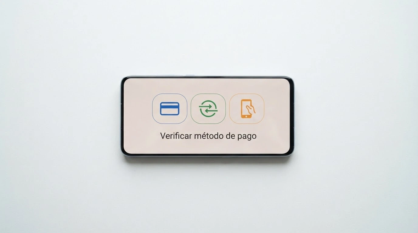 Un teléfono móvil mostrando la pantalla de verificación de cuenta de un casino, con iconos de Bizum, tarjeta bancaria y transferencia debajo