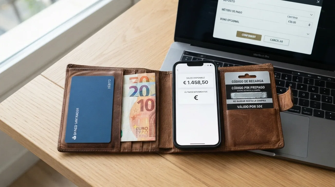 Una cartera española abierta mostrando tarjeta bancaria, móvil con Bizum y una tarjeta Paysafecard, sobre el fondo de la interfaz de caja de un casino online