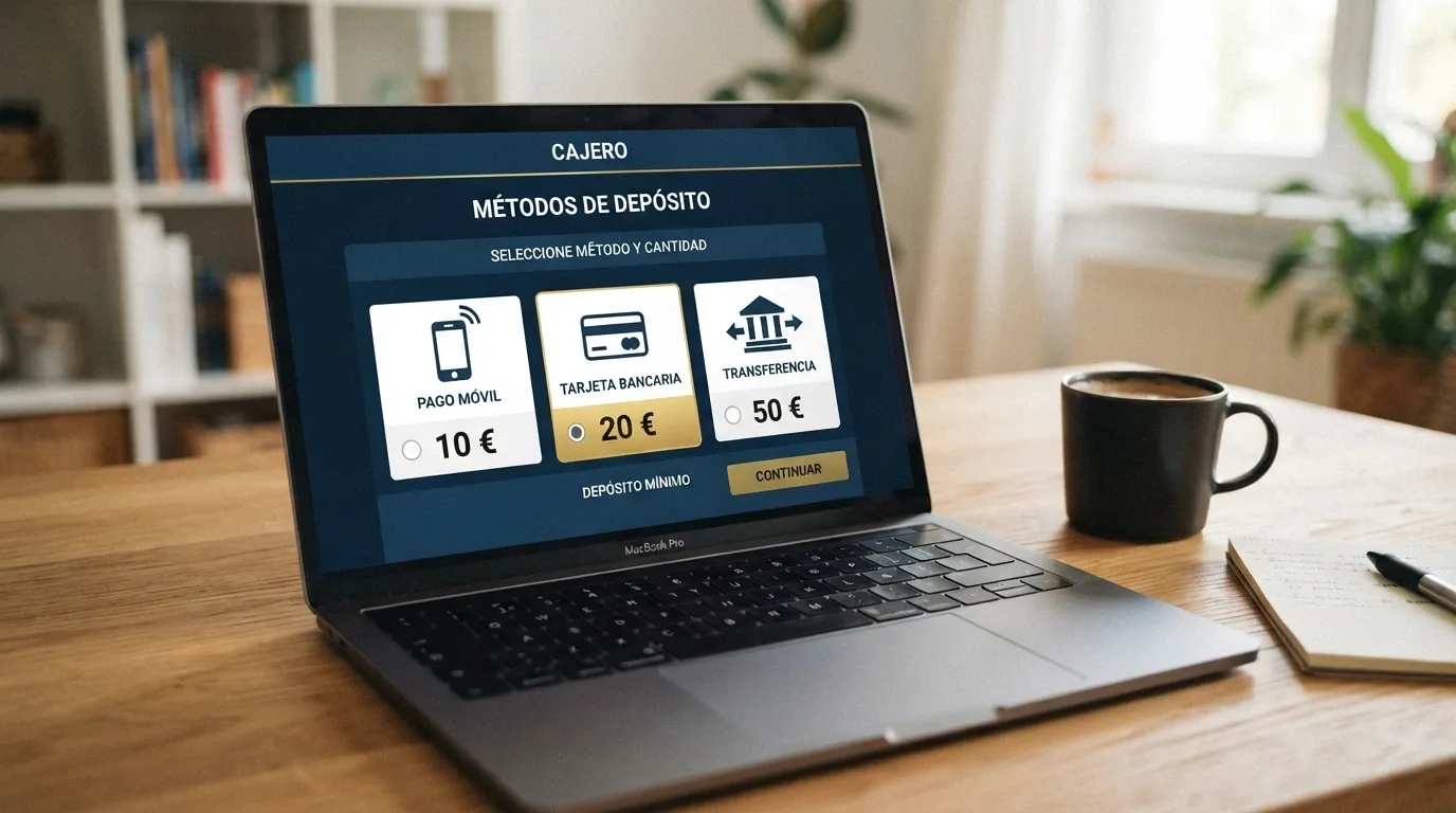 Pantalla de cajero de casino online español con varios métodos de pago (Bizum, Visa, transferencia) y distintos importes mínimos visibles junto a cada uno