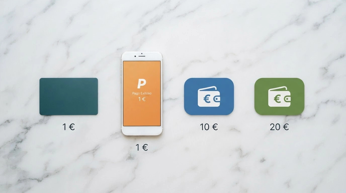 comparativa visual de cuatro métodos de pago — tarjeta, Bizum, PayPal y Skrill — con sus importes mínimos en euros junto a cada icono