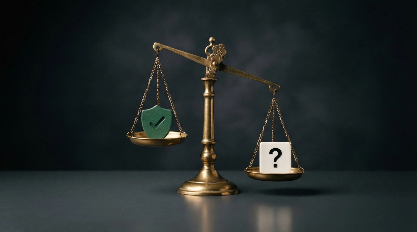 Una balanza con el logo DGOJ en un platillo (protección, recurso legal, fondos garantizados) y un signo de interrogación en el otro (sin protección, fondos bloqueados, sin recurso)