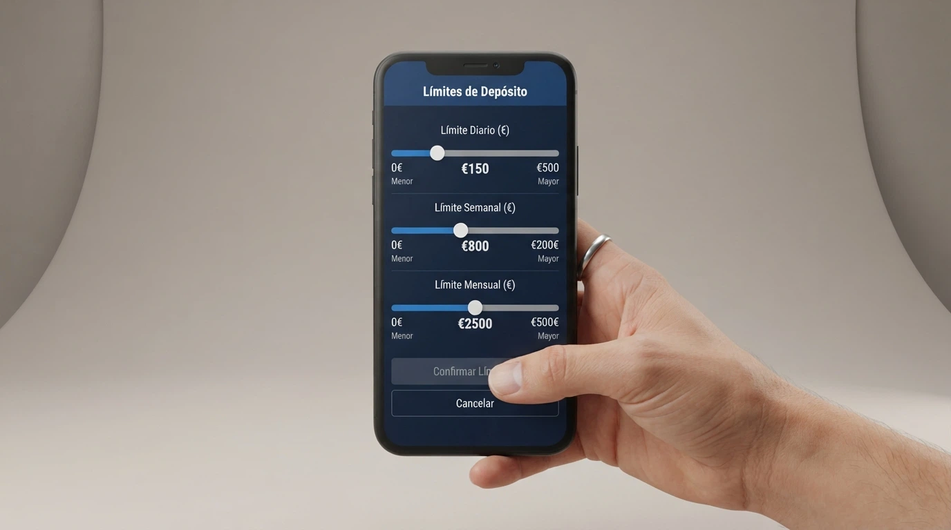 Pantalla de configuración de límites de depósito en un casino online, con los controles deslizantes de límite diario, semanal y mensual