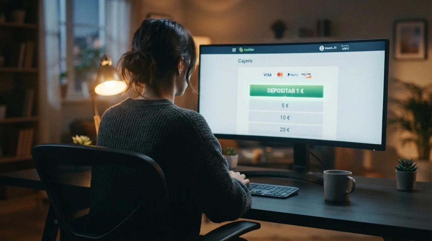 jugador frente a una pantalla de ordenador mostrando la página de cajero de un casino online con el cursor sobre el botón de depósito de 1 euro