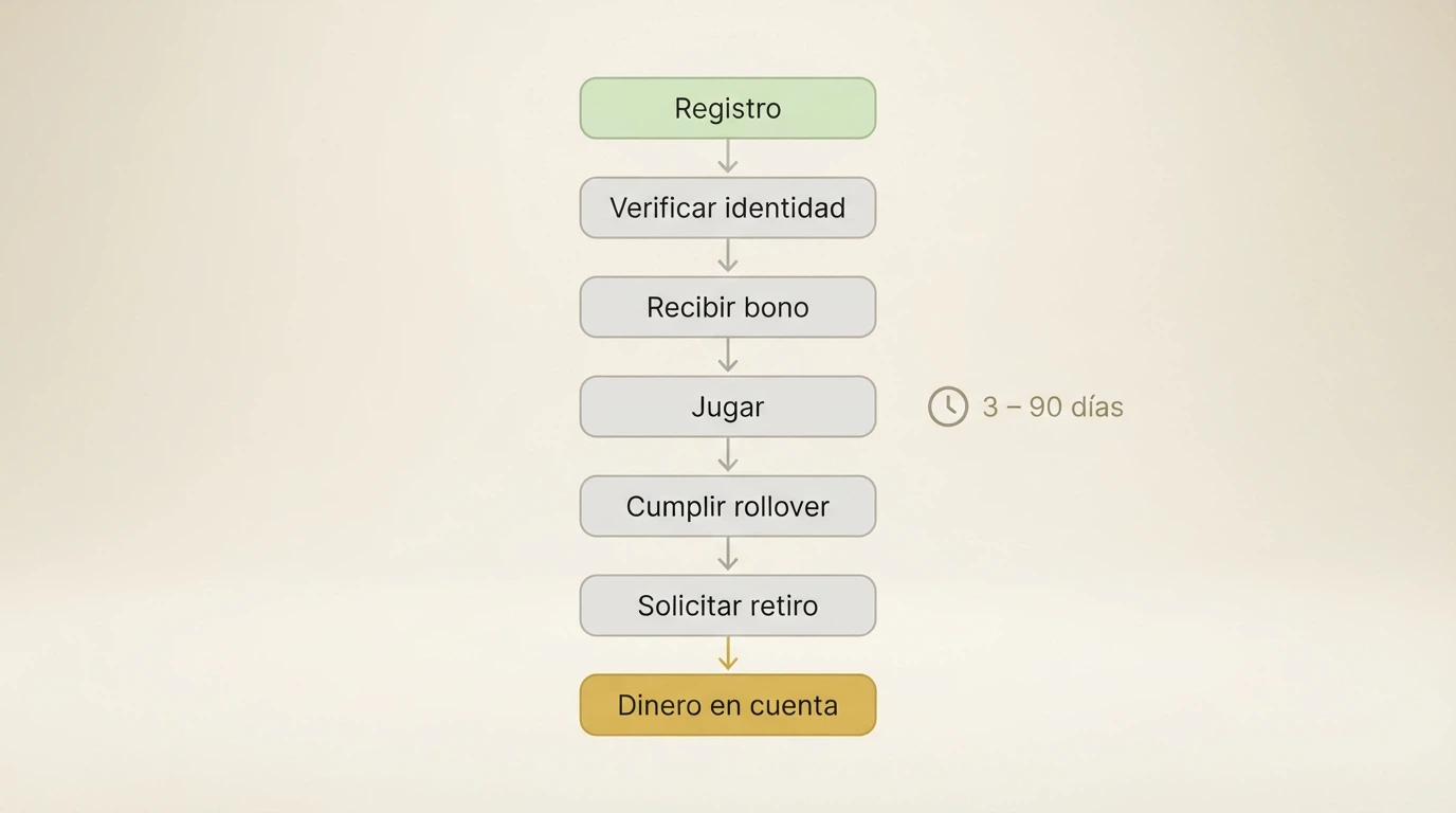 Diagrama de flujo: registro → verificar identidad → recibir bono → jugar → cumplir rollover → solicitar retiro → dinero en cuenta